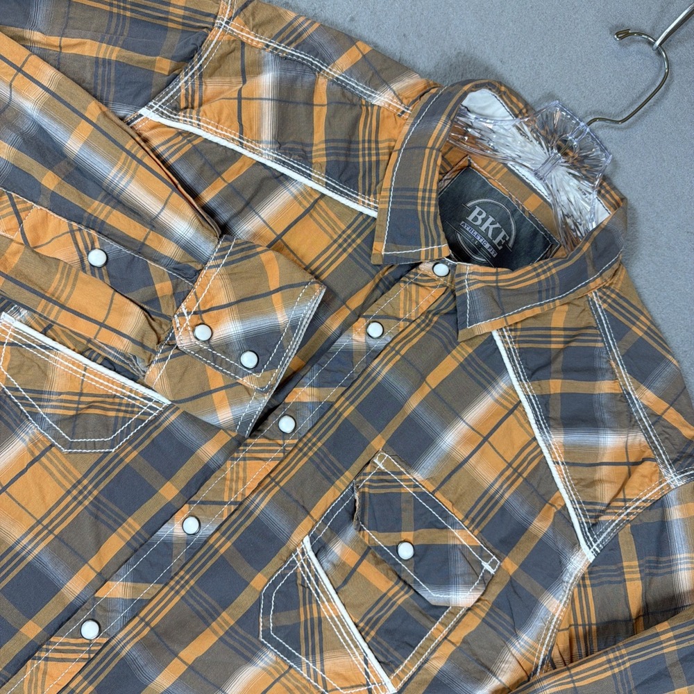 BKE Men Plaid Pearl Snap Shirt Athletic Fit Orange Blue White Long Sleeve Large